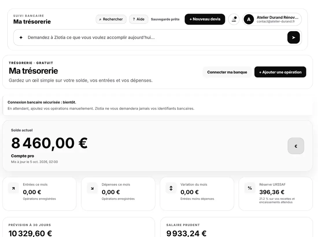 Trésorerie Zlotia : solde, prévision à 30 jours et réserve URSSAF